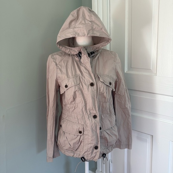 Ann Taylor Loft Beige Twill Utility Jacket hooded drawstring cotton size small - Picture 1 of 5